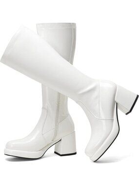 Women's Patent White Knee High Boots Platform Chunky Heel Tall Boots Side Zipper